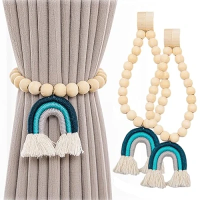 Image of Blaward Curtain Tiebacks, Wooden Beaded Rainbow Tassel Tie Backs Set of 2, No Punch Window Treatment Holdbacks, Holder for Drapes, Boho Bedroom Baby Nursery Farmhouse Decor