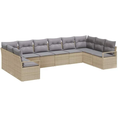 Image of vidaXL 10 Piece Garden Sofa Set with Cushions Beige Poly Rattan