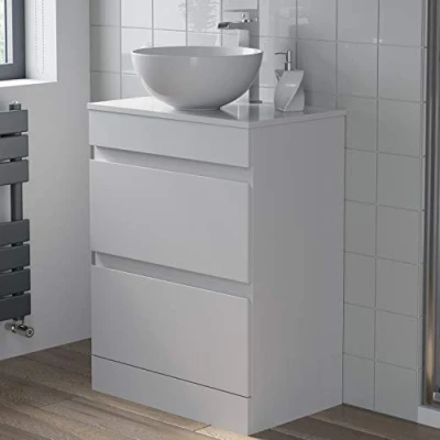 Image of Artis 600mm Bathroom Vanity Unit Countertop Round Basin Floor Standing Gloss White