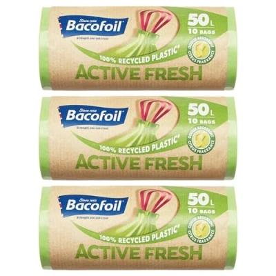Image of Bacofoil Active Fresh Bin Liners with Drawstring Handles 50L Leak Proof Bag a Citrus Fragrance to Prevent Odours (3 Rolls, 30 Bags)…