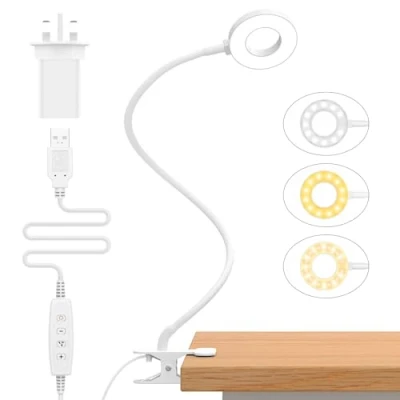 Image of iZELL LED Desk Lamp【3 Color Modes &amp; 10 Brightness】Eye Caring Clip on Clamp Light with 70cm Flexible Gooseneck, Book Ring Plug for Home Office, Kids, Reading, Table, Headboard White