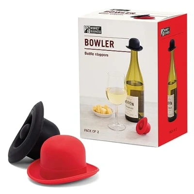 Image of Monkey Business Silicone Wine Stopper Seals Bottle and Keeps Fresh/Cute Accessories/Kitchen Gadgets/Bowler Hat (Set of 2)