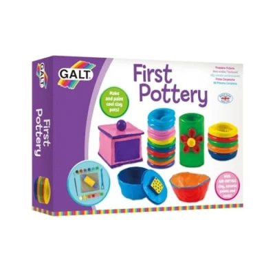 Image of Galt First Pottery Fun Arts and Crafts Kit for Kids Childrens Air Dry Clay Painting Set Girls Boys with Ceramic Paints,Mini Rolling Pin,Paintbrush Guide Ages 6 Years Plus