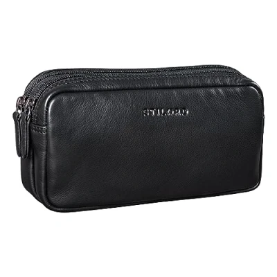 Image of STILORD &#039;Eddie&#039; Pencil Pouch Case Leather Pen Cases with 2 Zipped Compartments Vintage Bag Cosmetic Organizer Genuine Leather, Colour:Black
