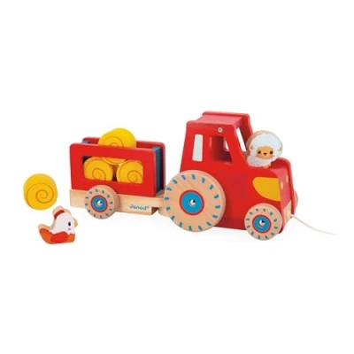 Image of Janod Pull Along Tractor Early Learning Toy 1 Children’s + 6 Accessories Silent Wheels Develops Motor Skills FSC Wood 12 Months +, J03317