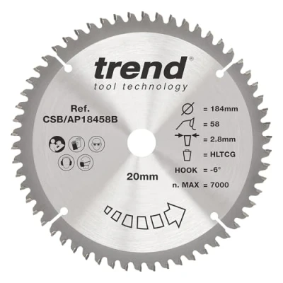 Image of Trend Aluminium &amp; Plastic Circular Saw Blade, 184mm Diameter, 20mm Bore, 58 Teeth, 2.8mm Kerf, 6 Hook, TCT, Extra Fine Finish, CSB/AP18458B