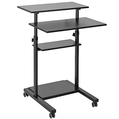 Image of VIVO Mobile Height Adjustable Table Stand Up Desk with Storage, Computer Workstation Rolling Presentation Cart, Black, CART V02DB