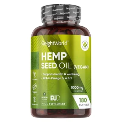 Image of Hemp Seed Oil Capsules Softgels 180 Omega 3 6 9 with Added Vitamin E Cold Pressed Months Supply Supports Normal Blood Cholesterol Levels (EFSA) 1 Softgel A Day