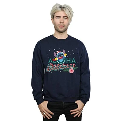 Image of Disney Men&#039;s Lilo and Stitch Aloha Christmas Sweatshirt Navy Blue Large