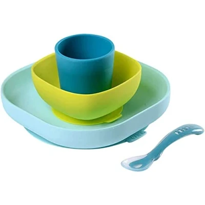 Image of Béaba Silicone Feeding Meal Set of 4 Pieces : Plate + Bowl Cup Spoon with Strong Suction pad Baby and Children Blue