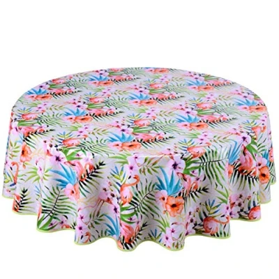 Image of Home Direct Round Oilcloth PVC Wipe Clean Tablecloth Table Cover 160cm 62&quot; White Pink Green Flamingo
