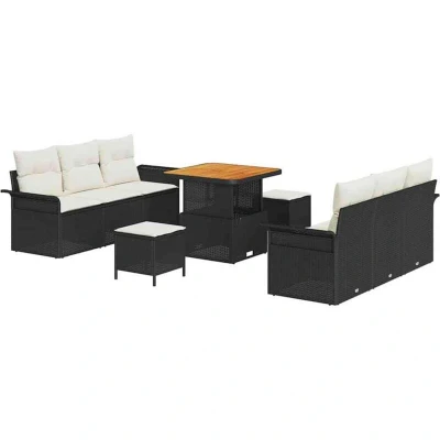 Image of vidaXL 9 Piece Garden Sofa Set with Cushions Black Poly Rattan Acacia