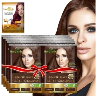 Image of Herbishh Hair Color Shampoo for Gray Dye with Argan MaskTravel size Colors in MinutesLong lasting colour10pack+1packAmmonia Free (Chestnut Brown)