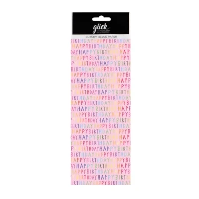 Image of Glick Four Sheets of Luxury Pink Happy Birthday Tissue Paper for Gift Wrapping. Each Sheet When Opened 750 x 500 mm