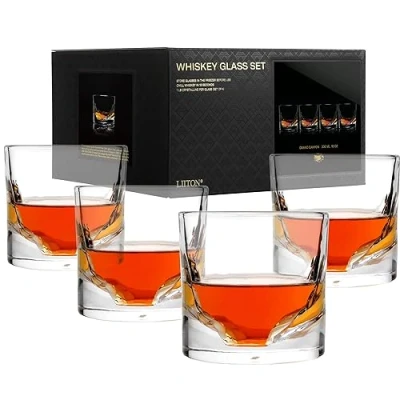 Image of LIITON Grand Canyon Whiskey Glasses Set of 4, Freezable Old Fashioned Glass Chills Cocktails, Bourbon, Scotch with 1lb Frozen Crystal, Gifts for Men on Fathers Day, Christmas, Birthday