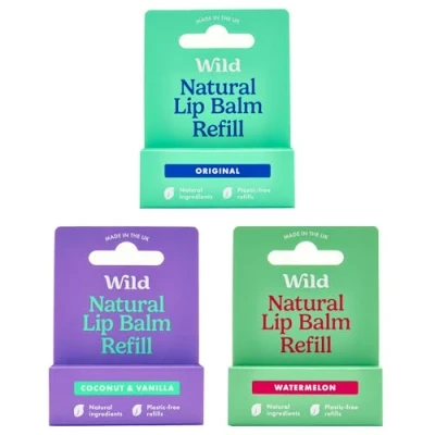 Image of Wild Natural Refillable Lip Balm 3 Pack of Refills in a Variety Scents Includes Original, Coconut &amp; Vanilla and Watermelon Flavours Beeswax Free