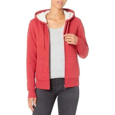 Image of Amazon Essentials Women&#039;s Sherpa Lined Fleece Full Zip Hooded Jacket (Available in Plus Sizes), Red Heather, XXL