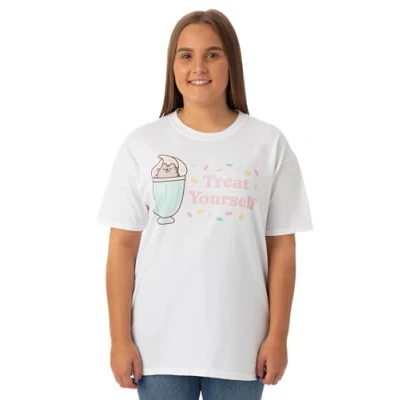 Image of Pusheen Womens T Shirt White Treat Yourself Graphic Tee Oversized Cute Kitty Short Sleeve Tshirt Lightweight Internet Cat Apparel Top Stylish Daywear Merchandise Gift for Adults