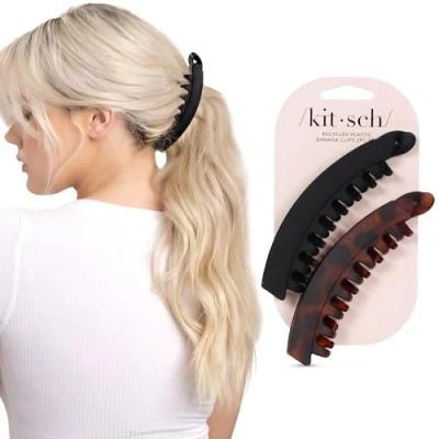 Image of Kitsch Recycled Plastic Large Claw Clip Big Banana Hair Clips for Women &amp; Jaw Thick Girls (2pc, Black&amp;Tortoise), 1.0 count