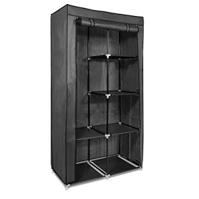Image of Navaris Canvas Effect Wardrobe Foldable Storage Cupboard for Clothes 88 x 170 45 cm Comes with 5 Shelves, Rail, Metal Frame, Cover Light Grey