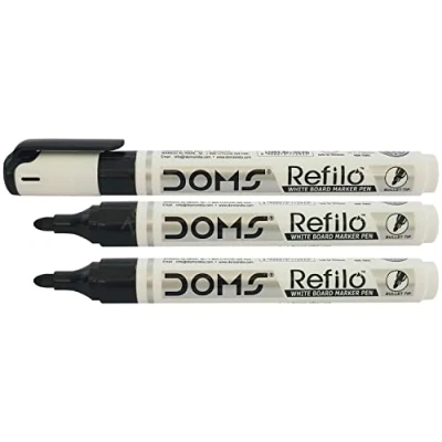 Image of Doms Refilo BLACK Bullet Tip Whiteboard Markers Pens Easy Clean Erase Dry Wipe (3 x Markers)