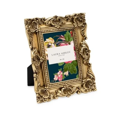 Image of Laura Ashley 2x3 Gold Ornate Textured Hand Crafted Resin Picture Frame with Easel, for Tabletop &amp; Wall Display, Decorative Floral Design Home Décor, Photo Gallery, Art More (2x3, Gold)