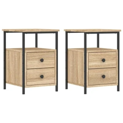 Image of vidaXL Bedside Cabinets Set, Engineered Wood Sonoma Oak Finish, Industrial Style Side Tables with Iron Frame for Bedroom