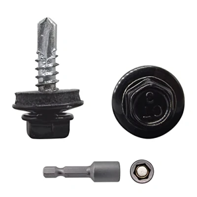Image of (Pack of 25 pcs) Metal Roofing Screws, 4.8 x 19 mm Self Drilling Screws With EPDM Washers, Painted Hex Washer Head, Sheet Screw (25, RAL 9005)