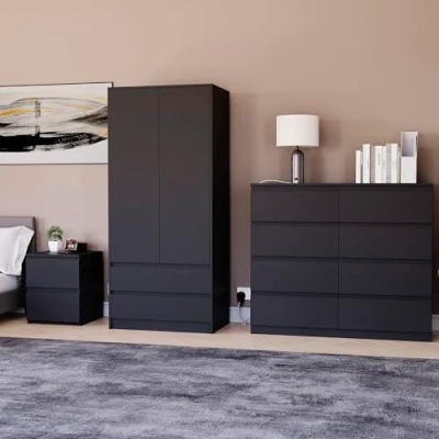 Image of Vida Designs Denver Bedroom Furniture Set (Black, 3pc 8 DWR Chest+2 Dr Wardrobe+2 Bedside Table)