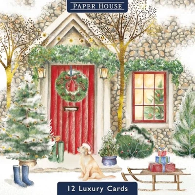 Image of Box of 12 Paper House Puppy Dog Xmas Post Christmas Cards in 3 Designs DELP0022