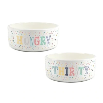 Image of Hungry Thirsty Dog Pet Bowl Set Multicolour Speckles Food &amp; Water Ceramic Bowls Large White Feeding Dishes For Dogs (Set of 2)