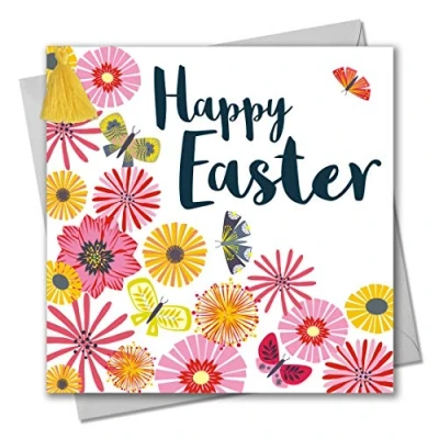 Image of Claire Giles Tassel Embellished Easter Greeting Card, Tumbling Flowers with Butterflies, Happy