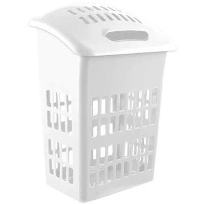 Image of Large White Plastic Laundry Basket with Lid Washing Clothes Storage Hamper Bin