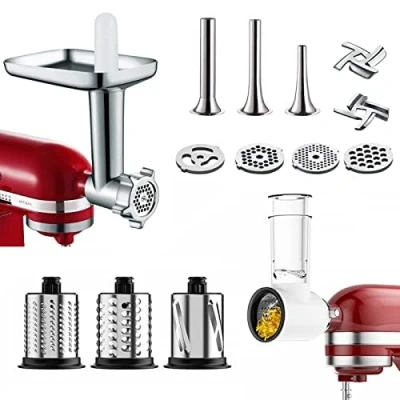 Image of COFUN Slicer Shredder &amp; Metal Meat Grinder Attachment for KitchenAid Stand Mixers, Food Accessories with 3 Sausage Stuffer Tubes 4 Grinding Plates