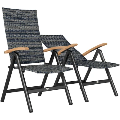 Image of Outsunny 2 Pieces Outdoor Folding Dining Chair, PE Rattan Chair with Armrests, High Backrest, for Garden, Camping, Balcony, Porch, Mixed grey