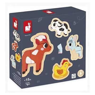 Image of Janod 4 Wooden 2 to 5 Pieces Farm Animal Themed Puzzles Children’s Toys Educational Games Early Learning 18 Months +, J07114, Multicolor