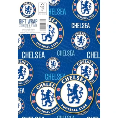 Image of Chelsea FC Wrapping Paper 2 Sheets Tags, Football Gift Wrap