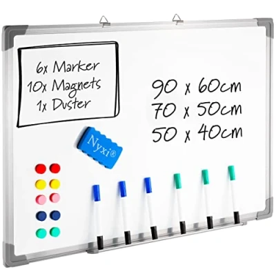 Image of Nyxi Whiteboard, 50cm X 40cm (WxH), Dry Wipe Magnetic Aluminium Frame with Strong Rear Galvanised Zinc Sheet, Comes 6 Markers, 10 Magnets, 1 Duster. for Home, Office, School (500mmx400mm)