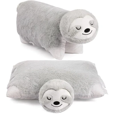 Image of BRUBAKER Cuddly Animal Pillow Sloth 2 in 1 Soft Toy and 40 x 30 cm Decorative Foldable Kids Plush Grey