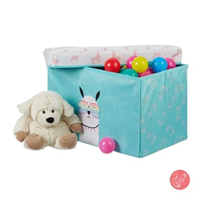 Image of Relaxdays Kids’ Storage Ottoman, Lidded, Toys Crate, Folding, Boys &amp; Girls, 33 L, Lama Design, Turquoise
