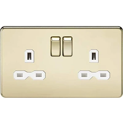 Image of KnightsBridge 13A 2G DP Screwless Polished Brass 230V UK 3 Pin Switched Electric Wall Socket White Insert