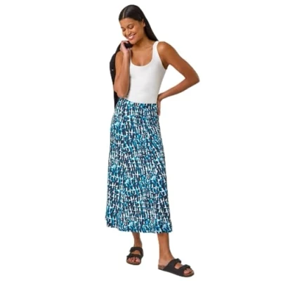 Image of Roman Originals Jersey Skirt for Women UK Ladies Midi Maxi Ditsy Floral Summer Spring Holiday Swing Shape Vacation Smart Casual Work Cocktail Party Going Out Turquoise Size 20