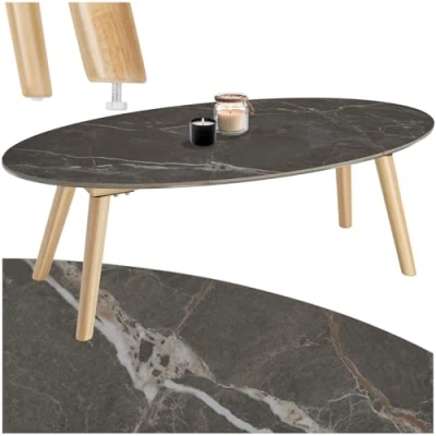 Image of tectake® Oval Coffee Table with Robust Stone Top in Marble Look, Solid Wooden Legs, Height Adjustable &amp; Non slip Caps, Easy Assembly Ideal Sofa Garden for Indoor Outdoor Use Nature
