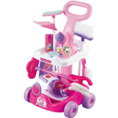 Image of Childrens Pink Cleaning Trolley Cart RolePlay Toy Set &amp; Working Vacuum Cleaner Pretend Play