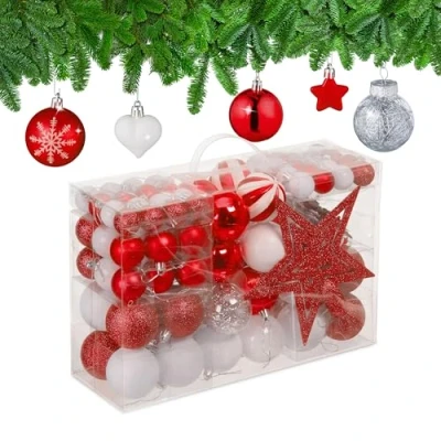 Image of Relaxdays Christmas Baubles Set of 101, Glittering, Tree Decorations, Spheres &amp; Spikes, Plastic, Traditional, Red, 19 x 20 2.5 cm