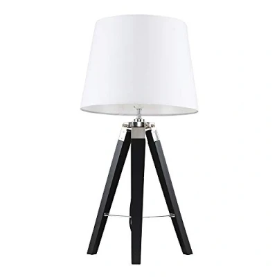 Image of MiniSun Modern Black Wood and Silver Chrome Tripod Table Lamp with a White Tapered Light Shade