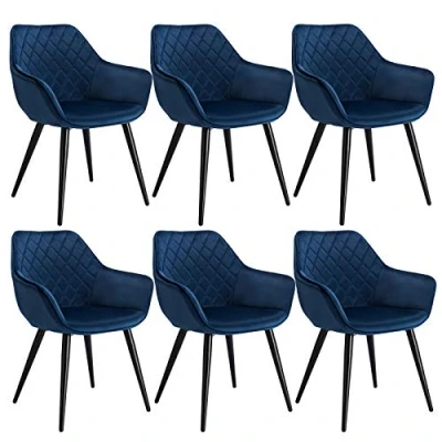 Image of WOLTU Set of 6 x Dining Chairs Blue Kitchen Side Upholstered Velvet Seat for Counter Lounge Living Room Corner Accent with Arms &amp; Back Support Metal Legs Reception