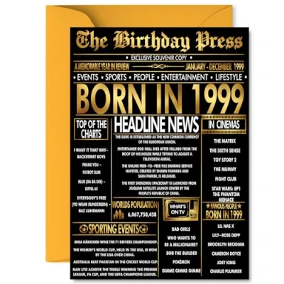Image of Gold 26th Birthday Card for Men Women Black &amp; Golden Newspaper Born in 1999 Happy 26 Cards Friend Cousin Sister Niece Son Auntie, A5 Bday Greeting