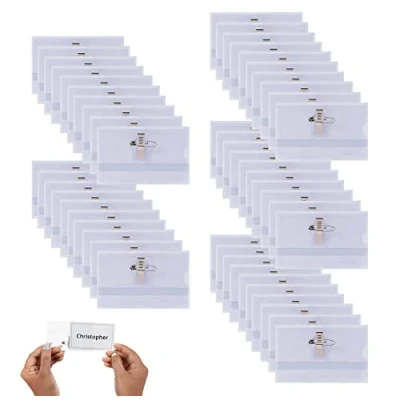 Image of Rifrpha 50 PCS Name Badges with Clip and Pin Plastic ID Badge Horizontal Holders Crocodile Clip, Safety &amp; Blank Card Insert Sheets for School, Colleges, Offices, Corporate Event