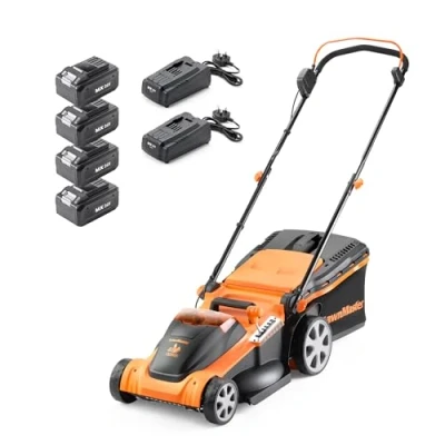 Image of LawnMaster 48V 41cm Cordless Lawnmower with Spare MX 24V 4.0 Ah Batteries and 2x Fast Chargers Edging Comb, Rear Roller Mulching Function For Large Lawns
